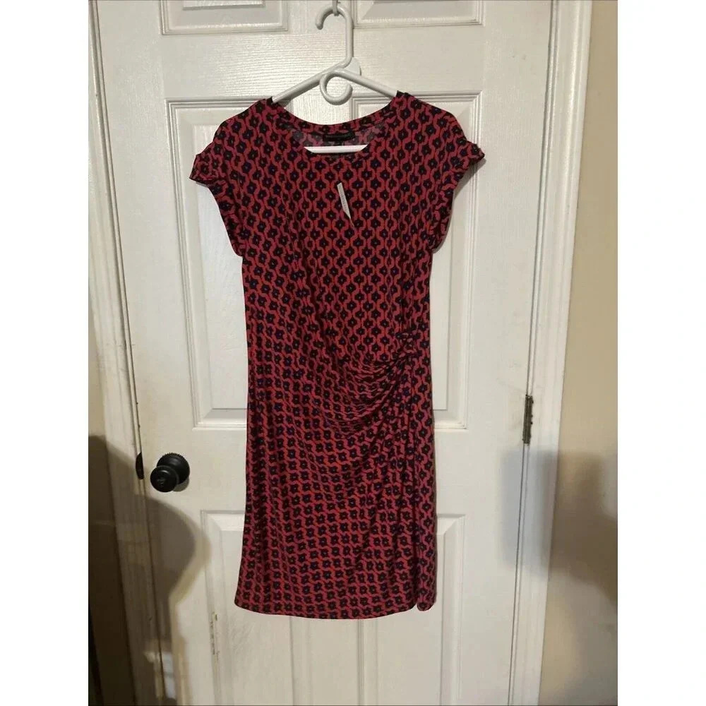 Banana Republic Women's‎ M Red Blue Geometric Ruched Front SS Dress